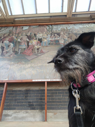 A small black terrier dog at Arbroath Station.